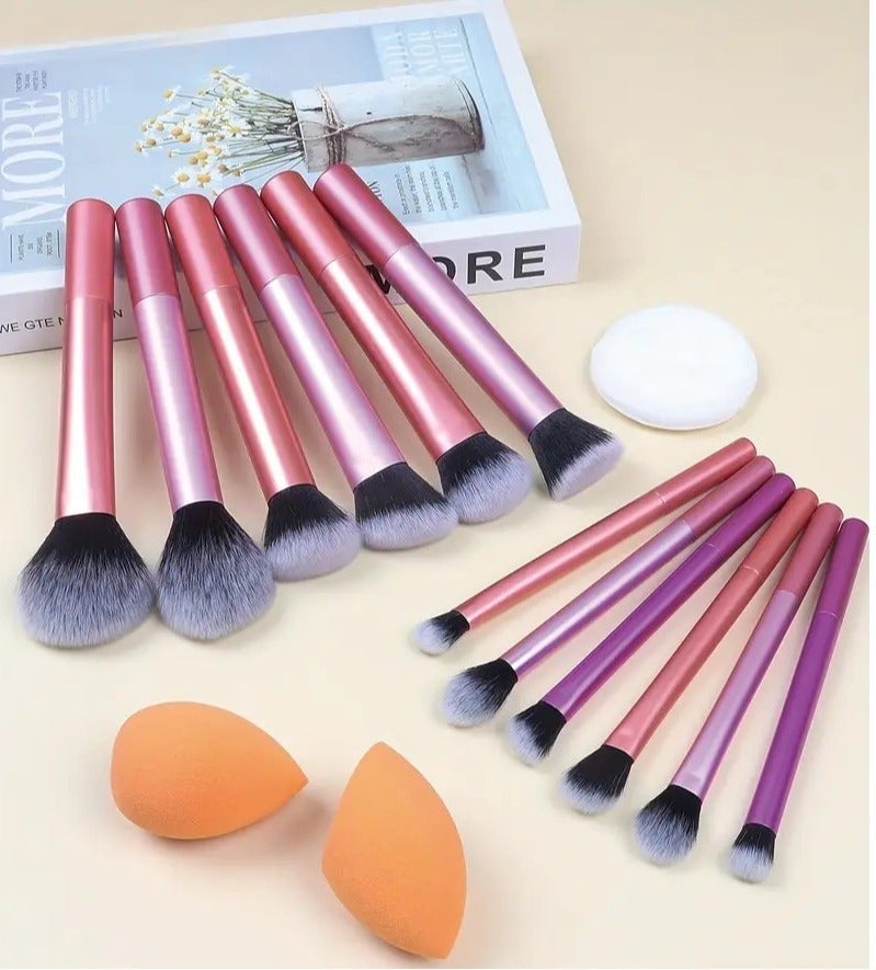 Flawless Base Makeup Brushes 12, Sponges 2 And Powder Puff Set, For Foundation Contour Blush Highlight Blending Cream Liquid Powder Cosmetic - Quality Brushes. (Rose Gold & Pink) - Image 2